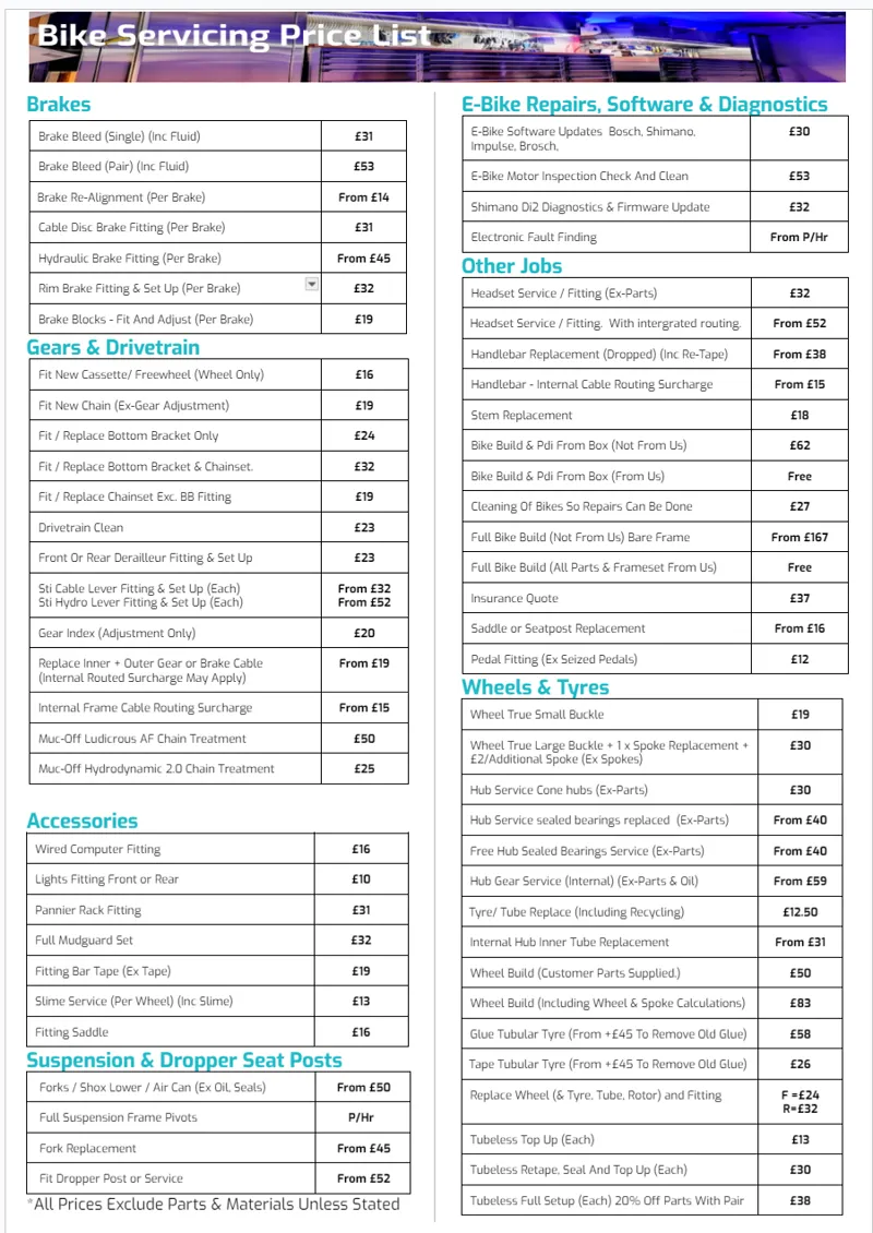 Cyclo Monster Workshop Menu Pricing